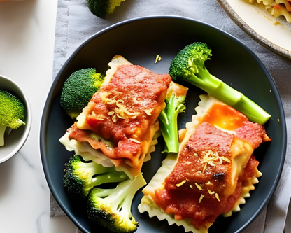 Lasagna with broccoli and dinner roll