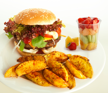 Cheeseburger with Potato and Fruit Cup