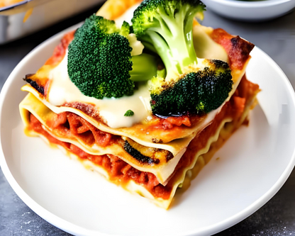 Lasagna with broccoli and dinner roll