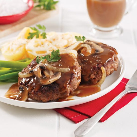 Hamburger steak avec Champignons, Oignons, Patate Pilée et Salade César