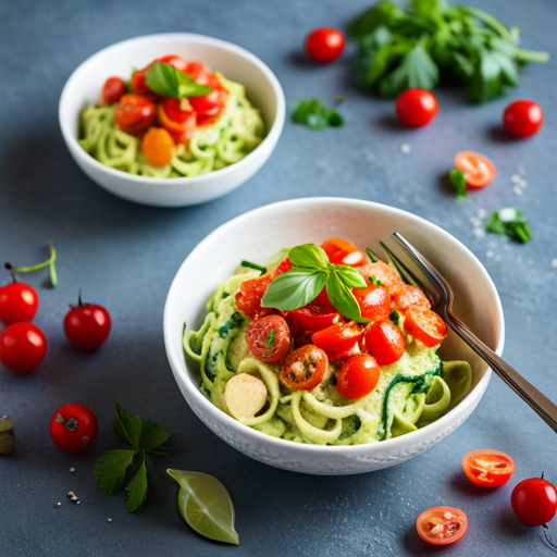 Creamy avocado zoodles with fresh cherry tomato